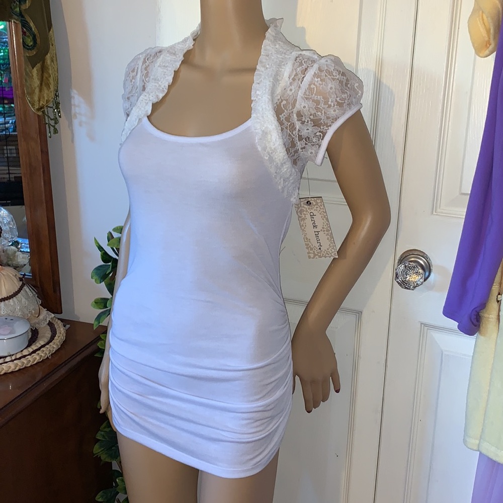 Y2K white  lace jacket bolero puff sleeve hourglass tunic tank top M NWT